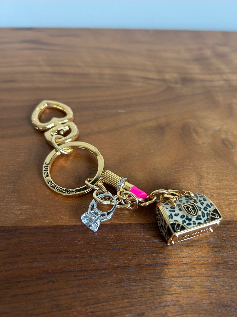 Juicy Couture Gold-tone Keychain with Pink Lipstick & Leopard Purse Charms